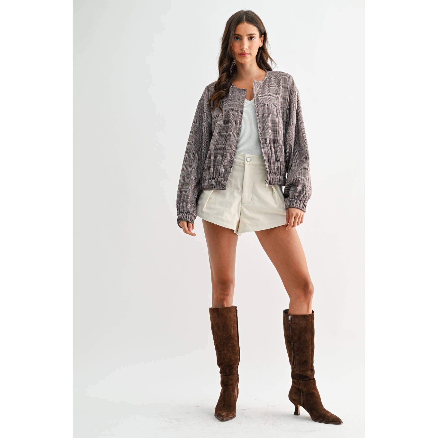 BROWN PLAID BALLON SLEEVE ZIP-UP JACKET  for wholesale on Faire1