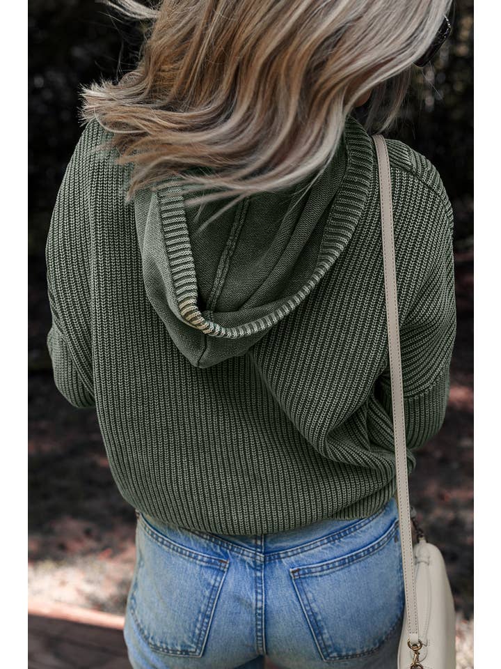 Nebel grün Mineralgewaschener gerippter Strickpullover mit Kapuze für den Großhandel auf Faire1