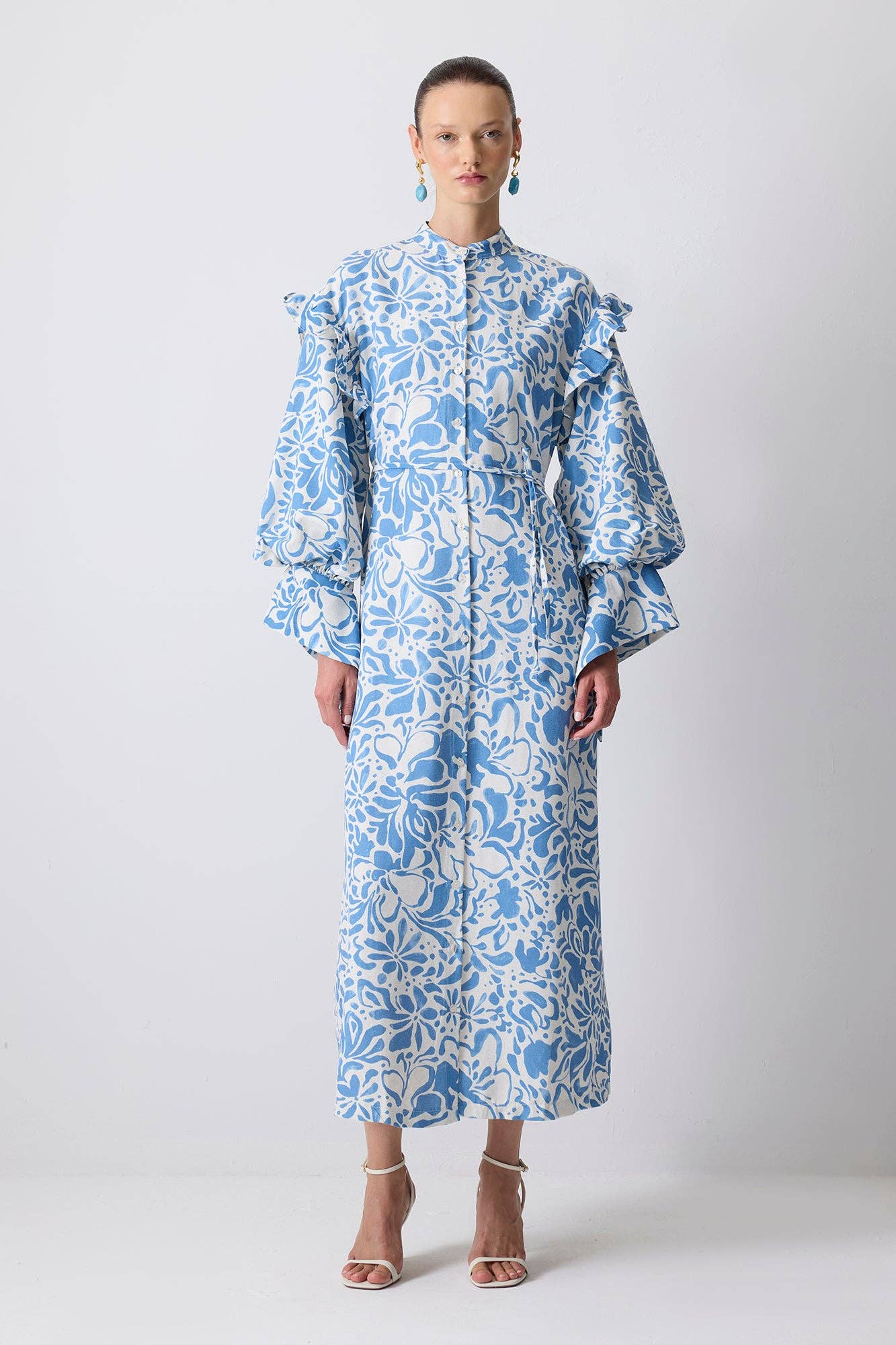 Blue  RUFFLE SLEEVE FLORAL POPLIN MAXI DRESS - LINEN BLEND for wholesale on Faire0