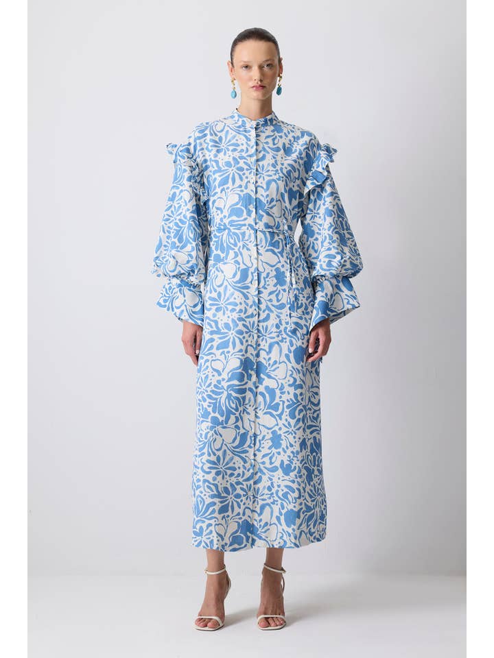 Blue RUFFLE SLEEVE FLORAL POPLIN MAXI DRESS - LINEN BLEND for wholesale on Faire
