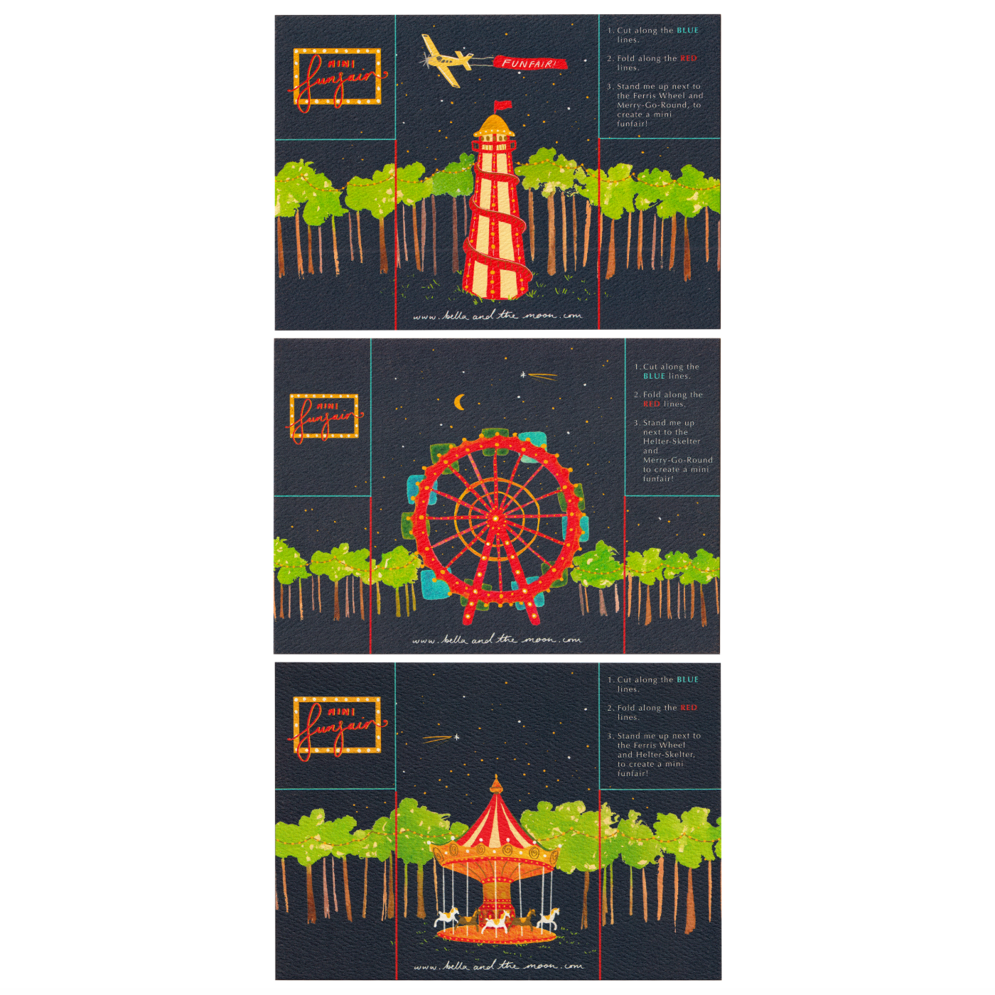 Bella & The Moon – wholesale Everyday greeting card – Cut-Out Mini Funfair - Three Piece2