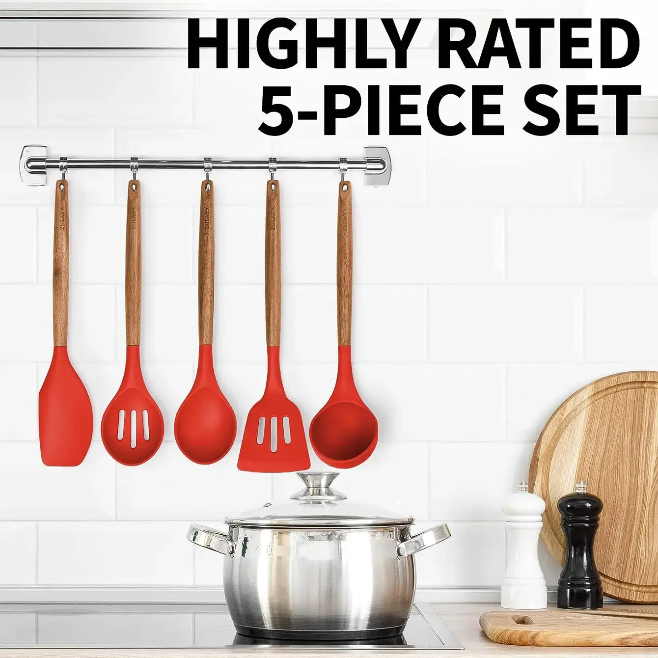 Zulay Kitchen - Wholesale Kitchen Utensil Set - 5-Piece Silicone Utensils Set with Wooden Handles50