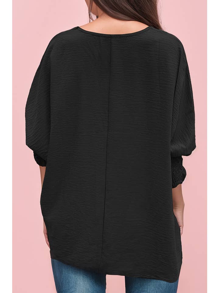 66DISCO - Wholesale Tunic - Women's - Smocked Wrist Round Neck Half Sleeve Knit Top (S-2XL)