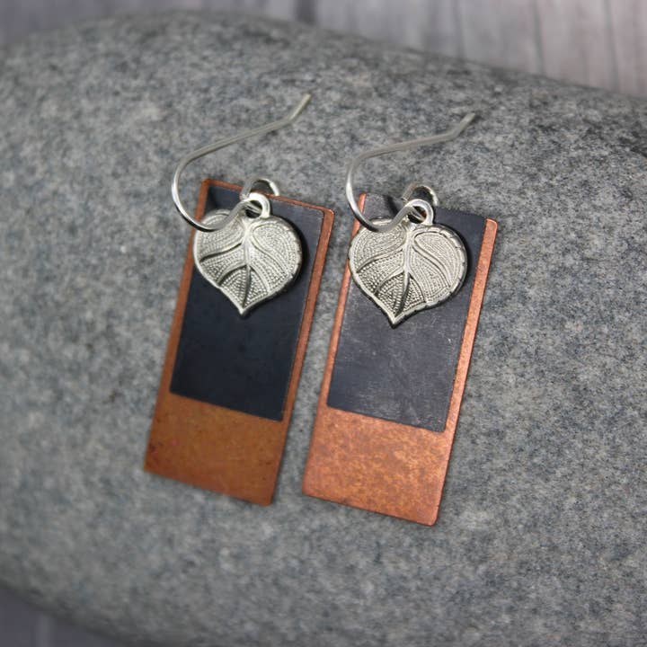 Harper House Studio - Wholesale Dangle Earrings - Layered Copper, Black & Silver Leaf Earrings – Mixed Metal2