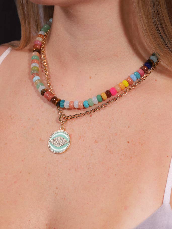 Bold and Bright: Rainbow Rondelle with Turquoise Evil Eye Pavé Pendant Set for wholesale by Little Luxe Charm Co.