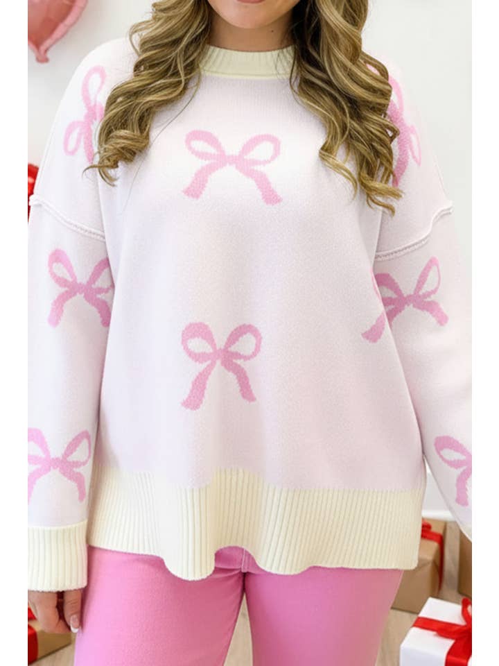Pink LDC Solid Bow Print Round Neck Sweaters for wholesale on Faire2