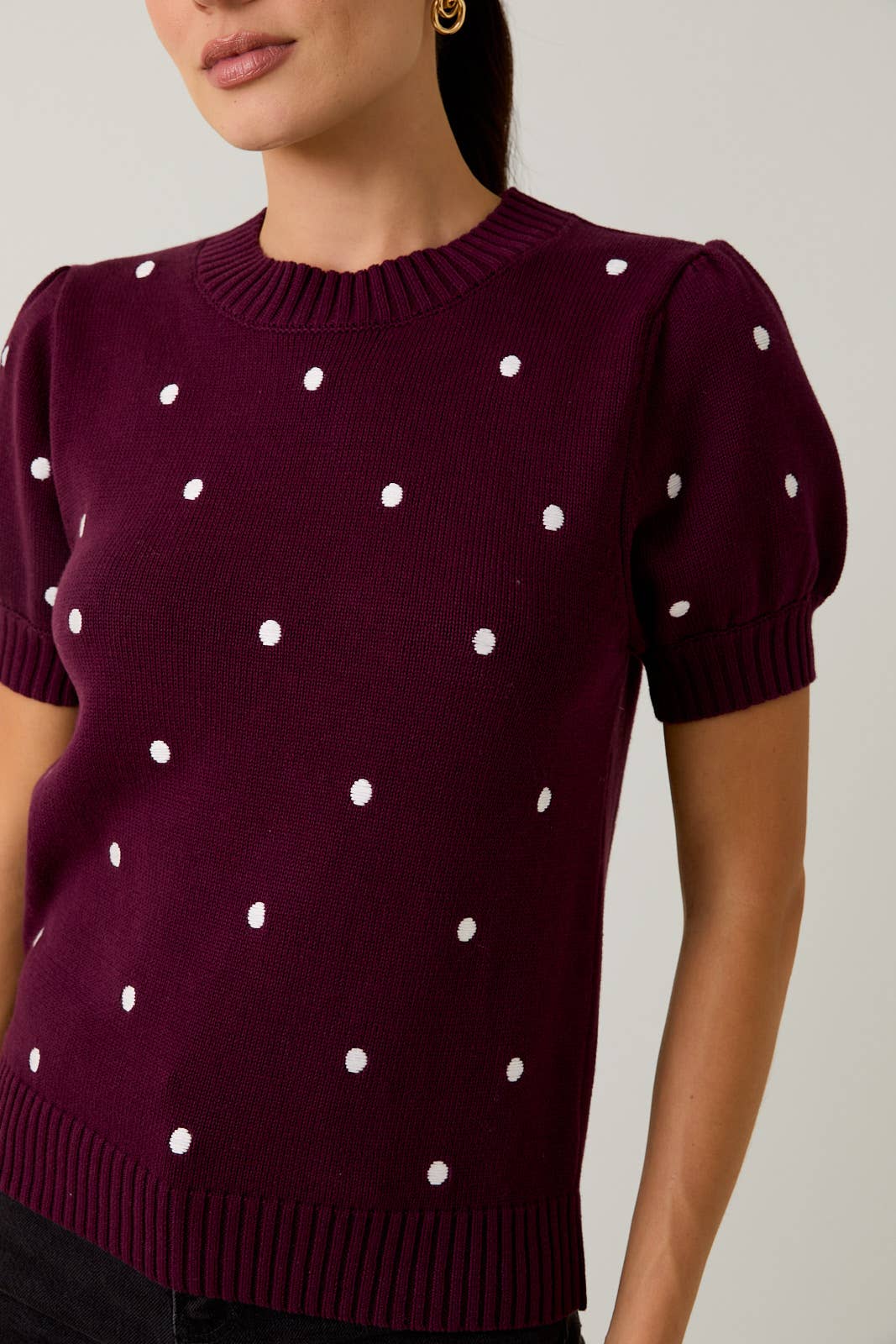 Sunday Edition - Wholesale Knit Sweater - Women's - ROUND NECK PUFF SHORT SLEEVE "POLKA DOT" EMBROIDERED SWEATER53