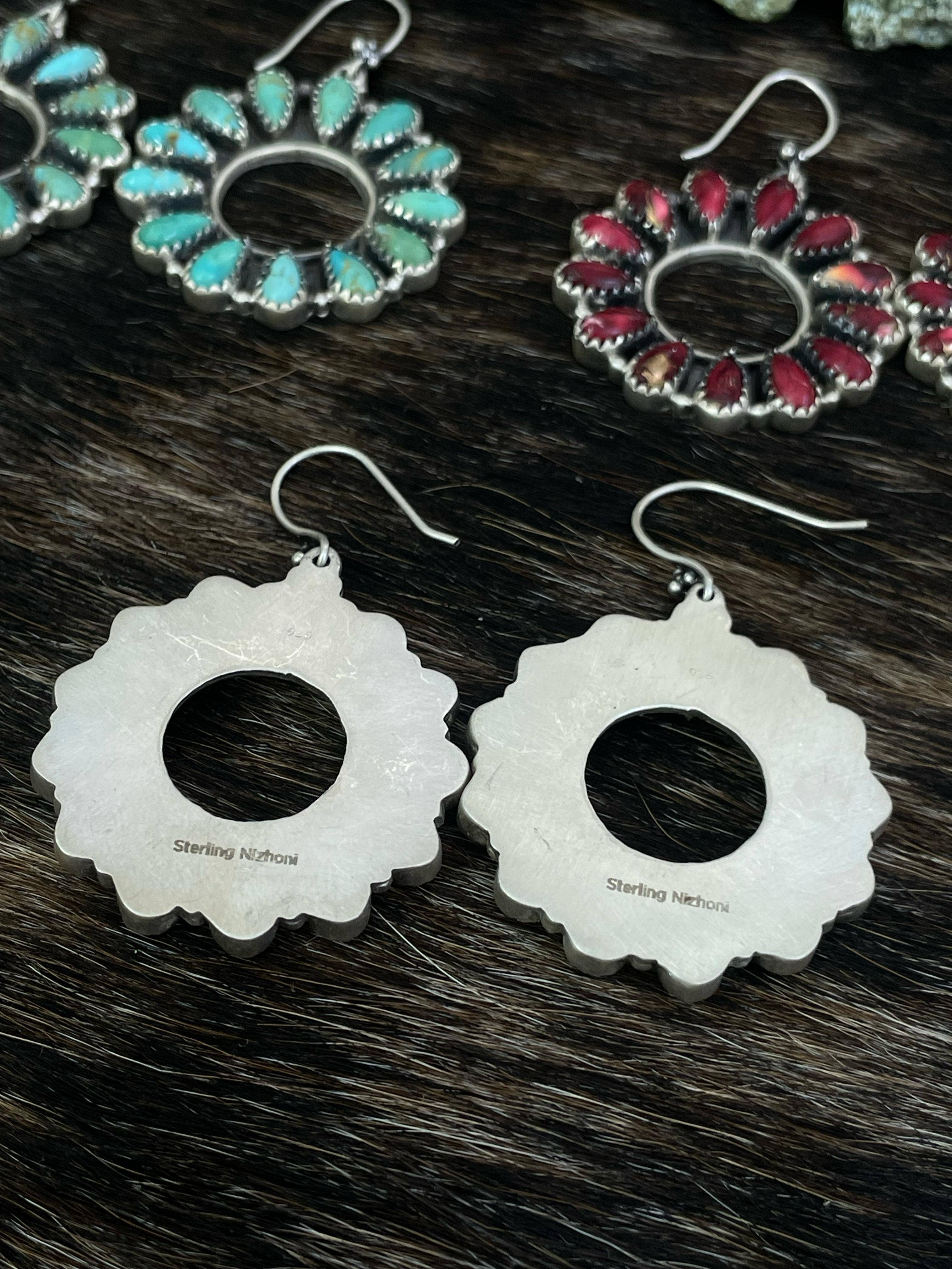 Nizhonitradersllc – wholesale Dangle earrings – Handmade Sterling Silver Cotton Candy, Red Rose Dahlia, White Buffalo, Kingman Turquoise Circle Dangle Earrings with Signed Nizhoni6