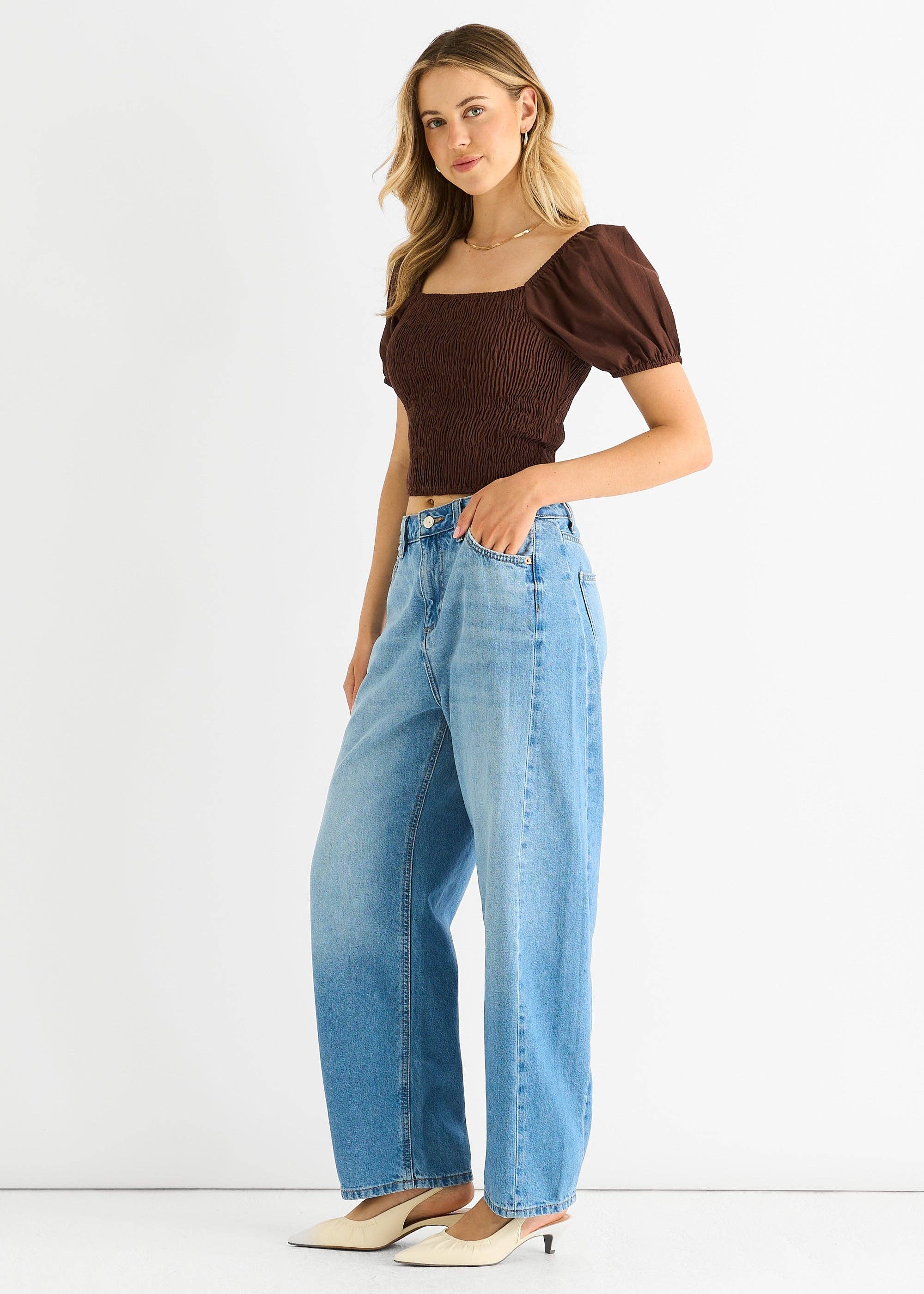 GINI LONDON - Wholesale Blouse - Women's - Chocolate Puff Sleeve Shirred Cotton Top2