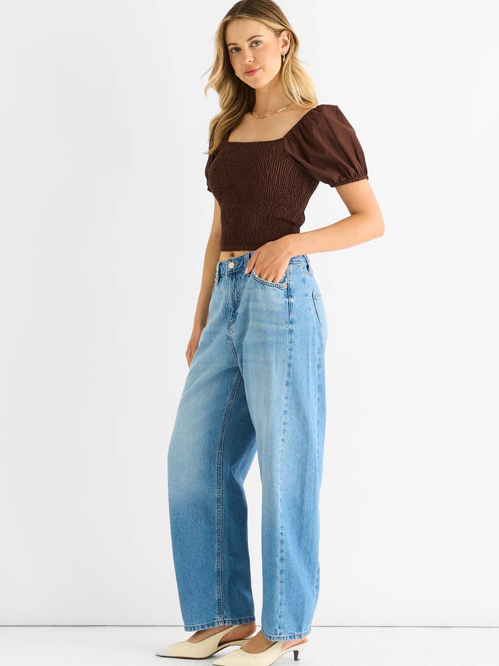 GINI LONDON - Wholesale Blouse - Women's - Chocolate Puff Sleeve Shirred Cotton Top2