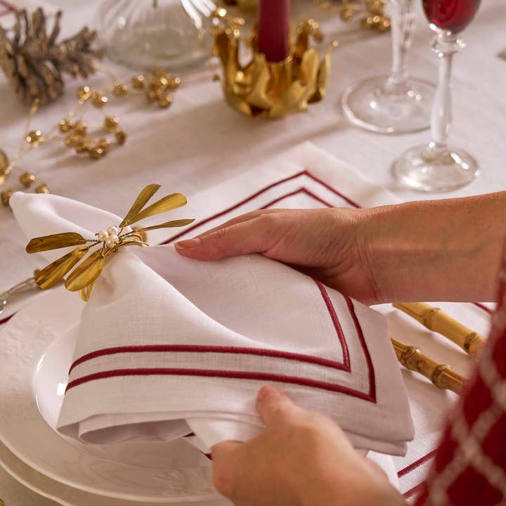 Embroidered Double Stripe Linen Napkins Ruby Red (set of 4) for wholesale by Clio and Clover