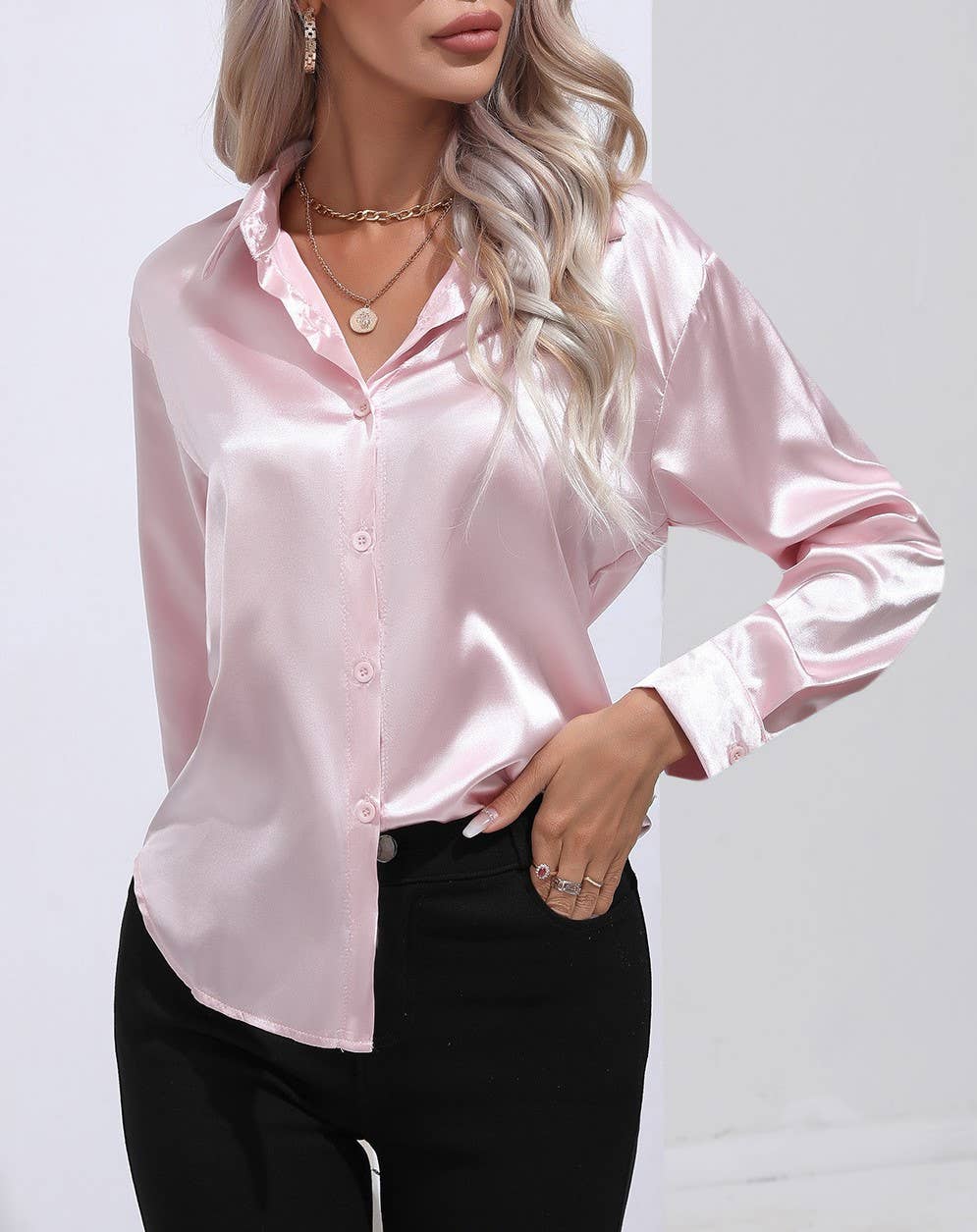 HIDDENBRAND - Wholesale Button Down Shirt - Women's - Satin Faux Silk Long-Sleeved Shirt19