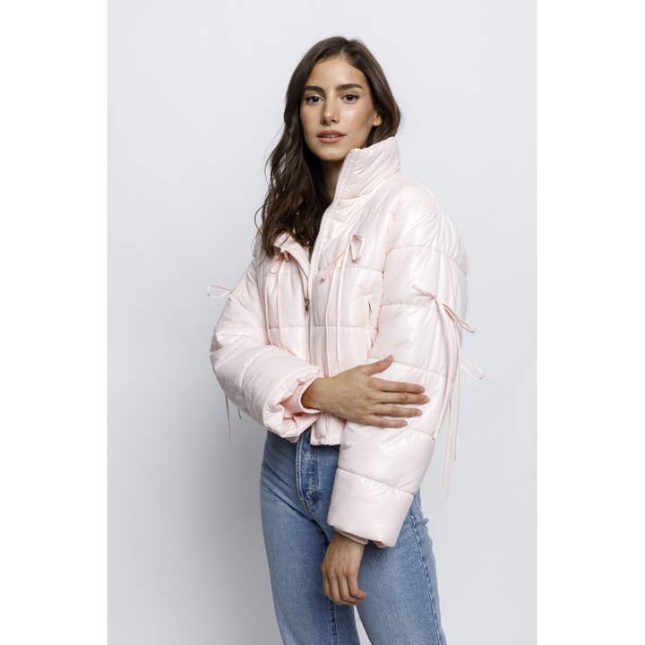 PINK JT6514- SOLID RIBBON BOW PUFFER JACKET for wholesale on Faire
