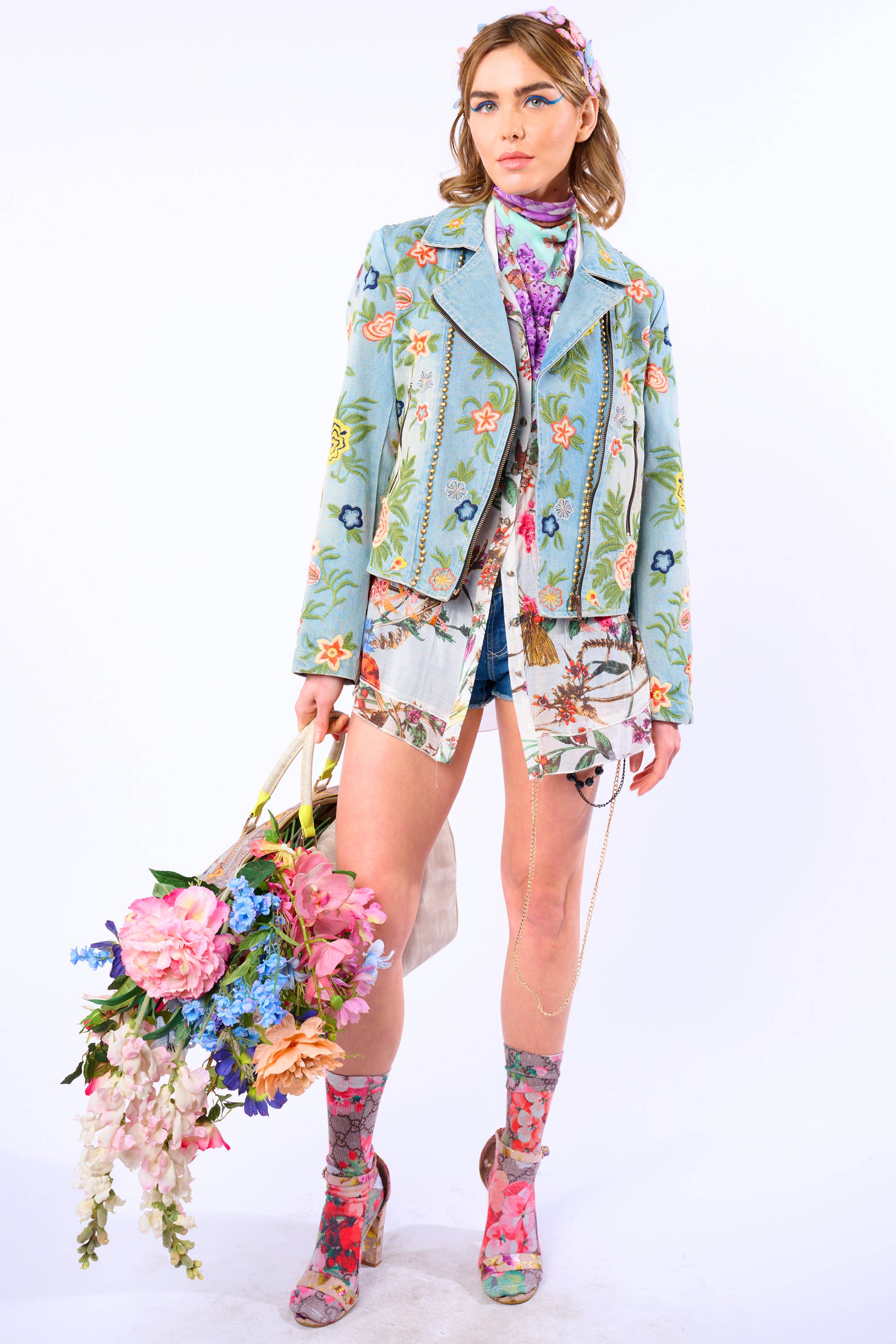 Lucinda Embroidered Denim Motorcycle Jacket for wholesale on Faire26