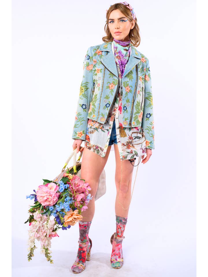 Lucinda Embroidered Denim Motorcycle Jacket for wholesale on Faire26