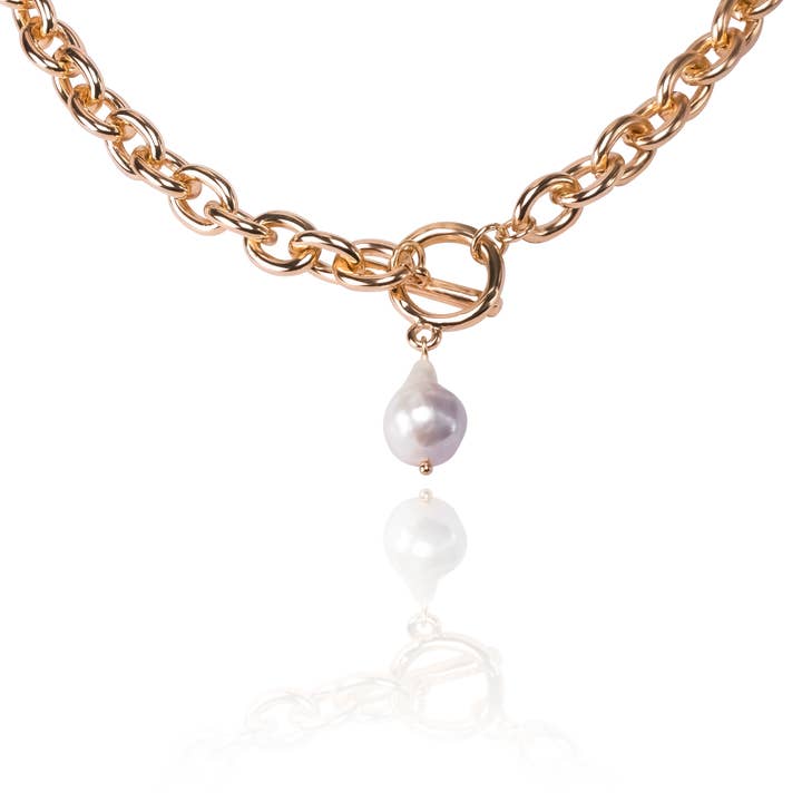 Gold Chain Necklace Baroque Pearl Pendant 14k Gold Plating for wholesale by GirlyPirateCo