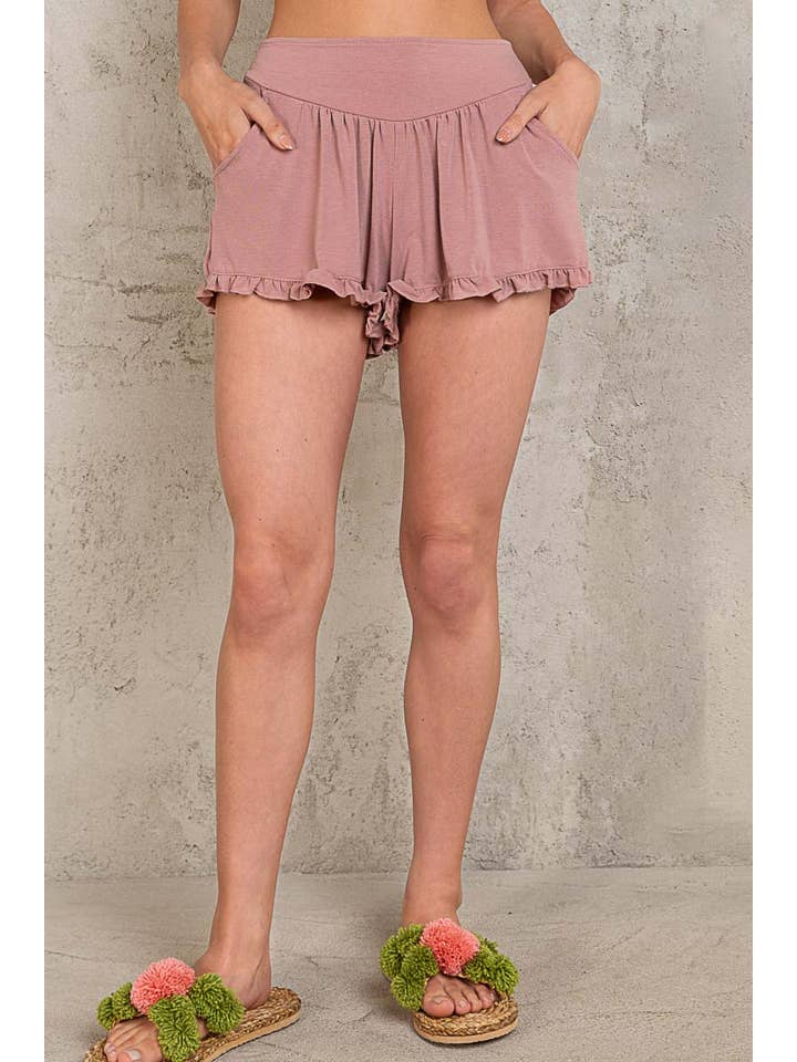 Pol Clothing - Wholesale Shorts - Women's - Back Elastic Waistband Ruffle Trim Knit Shorts