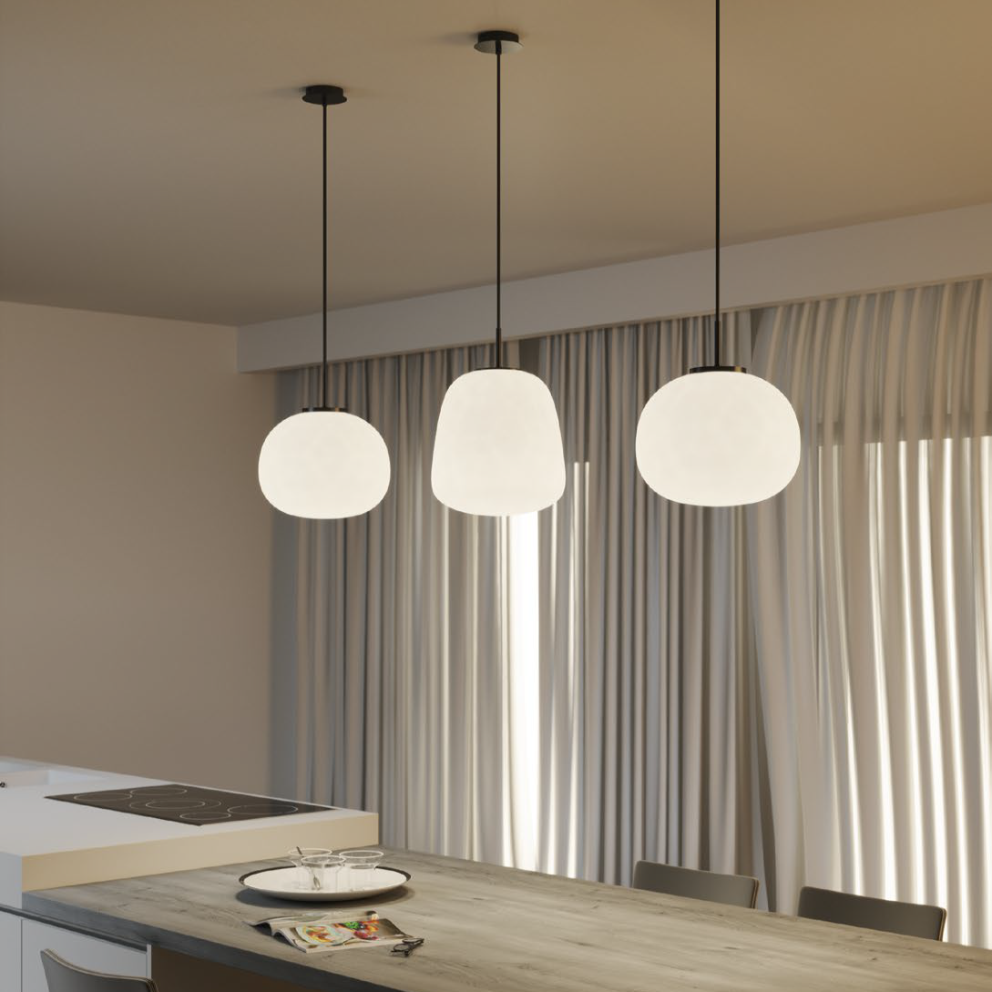 Gruppo F.T - Venta al por mayor Lámpara de araña y colgante - Lámpara colgante Tolomeo de vidrio soplado opalino con estructura de metal negro mate y cable de tela negra. Disponible en dos tamaños (1xE27)2