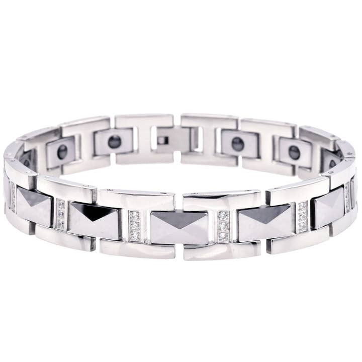 Men's Tungsten Link Bracelet With Cubic Zirconia for wholesale by Blackjack Mens Jewelry