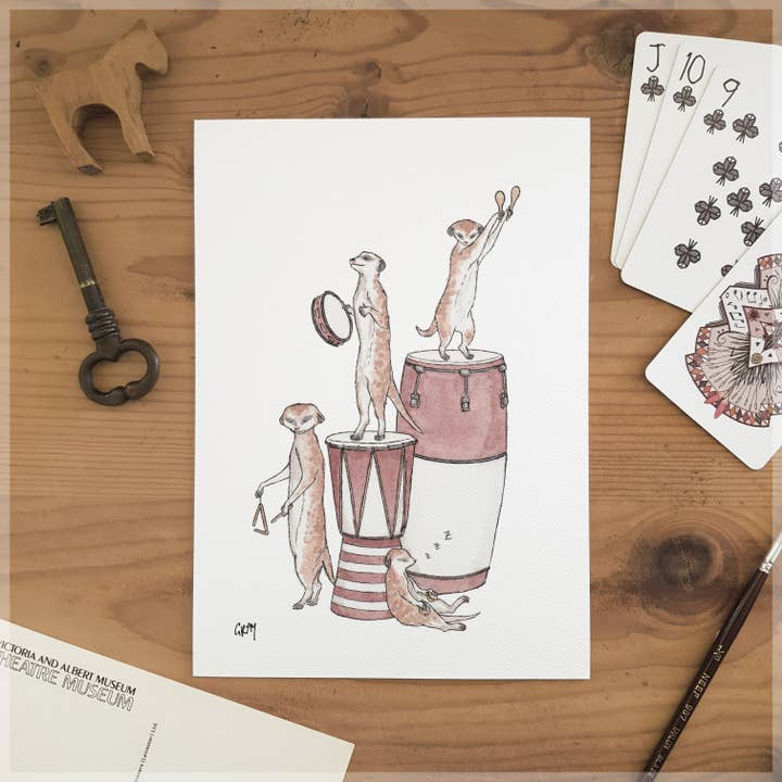The Meerkats On Percussion - A5 Art Print for wholesale by Erlenmeyer Art