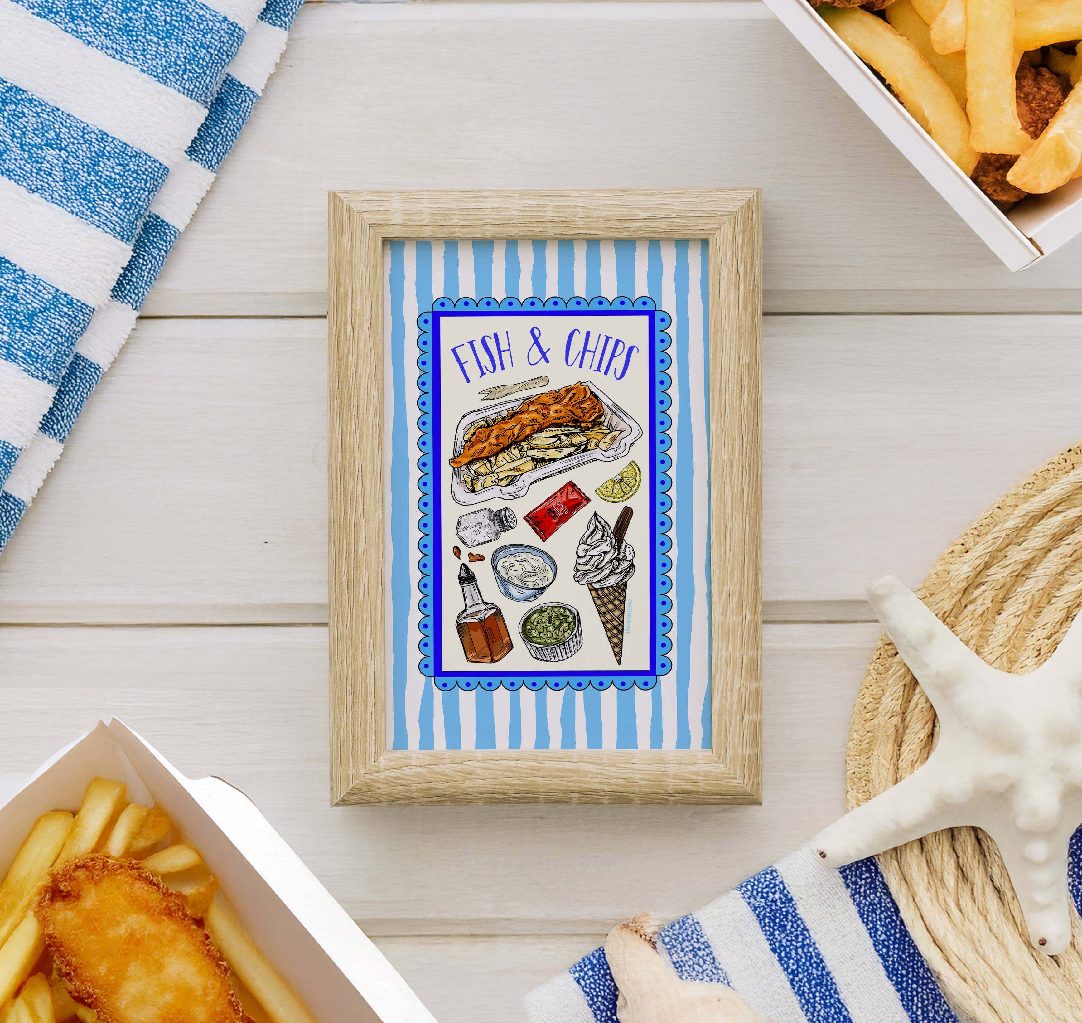 Arttbyannie – Engroshandel Kunsttryk – Illustreret tryk af fish & chips0