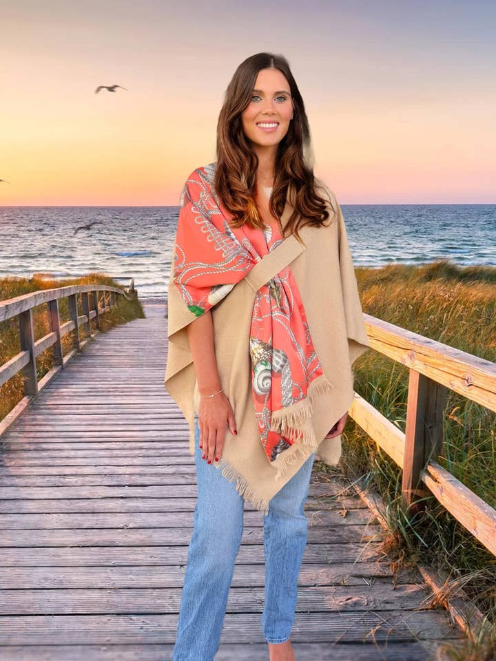 Pull Through Wrap / Beige / Coral Shells for wholesale by Stacy Bradley Design