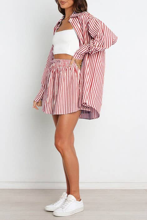 Rosa Clothing - Wholesale Top & Short Set (NOT Loungewear) - Women's - classic striped long sleeve shirt & short set holiday dressy35