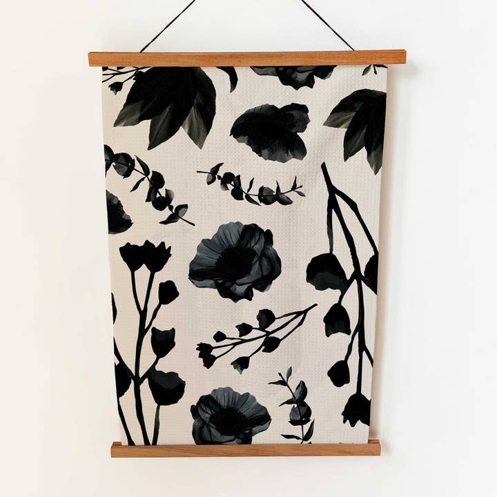 Flourishing Garden, Black on Natural Kitchen Tea Towel for wholesale by Joymark Studio