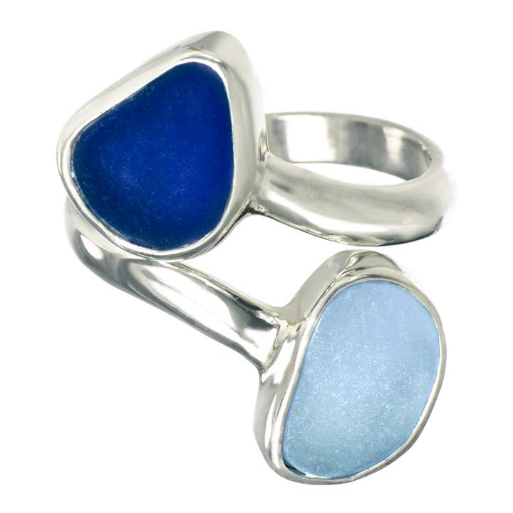 Sea Glass Double Ring, Blue for wholesale by Oceano Sea Glass