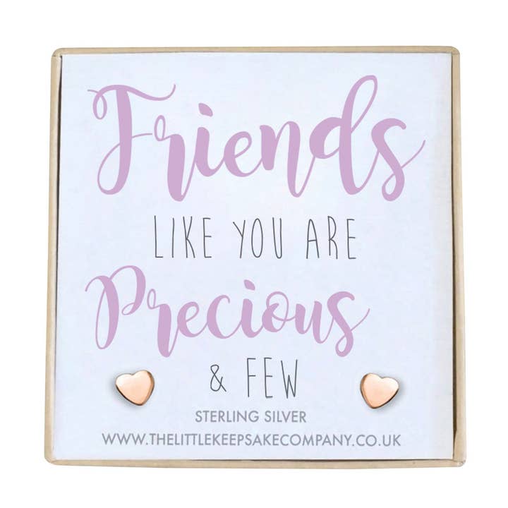 Pendientes con cita en oro rosa bañado en plata bañada, con texto en inglés: Friends Like You Are Precious & Few para venta al por mayor de The Little Keepsake Company