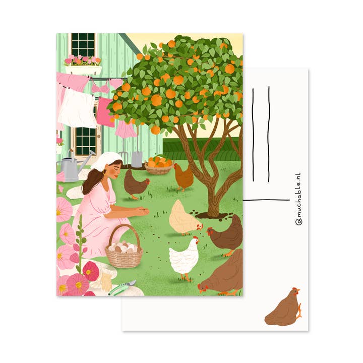 Postcard - illustration of a woman in a garden with chickens for wholesale by Muchable