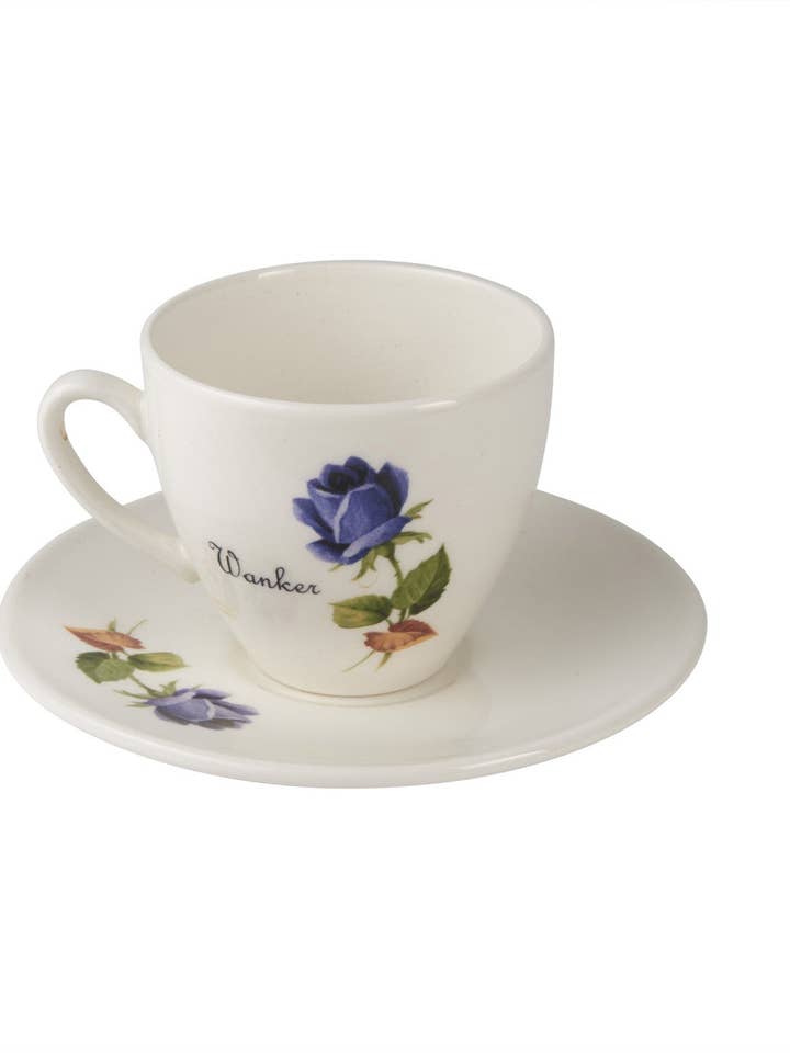 Wanker Tea Cup & Saucer for wholesale by Outlandish Creations
