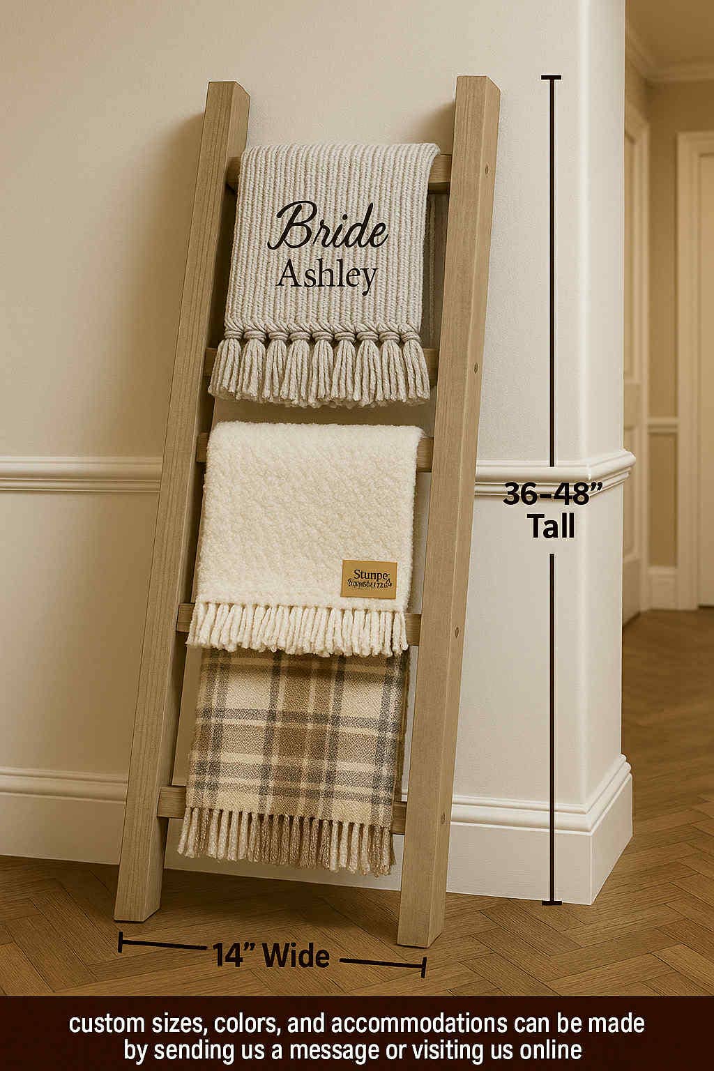 Stumps Custom Wood - Wholesale Free Standing Shelf - Blanket Ladder Organizer – 3-5ft Farmhouse Wood Quilt Rack3
