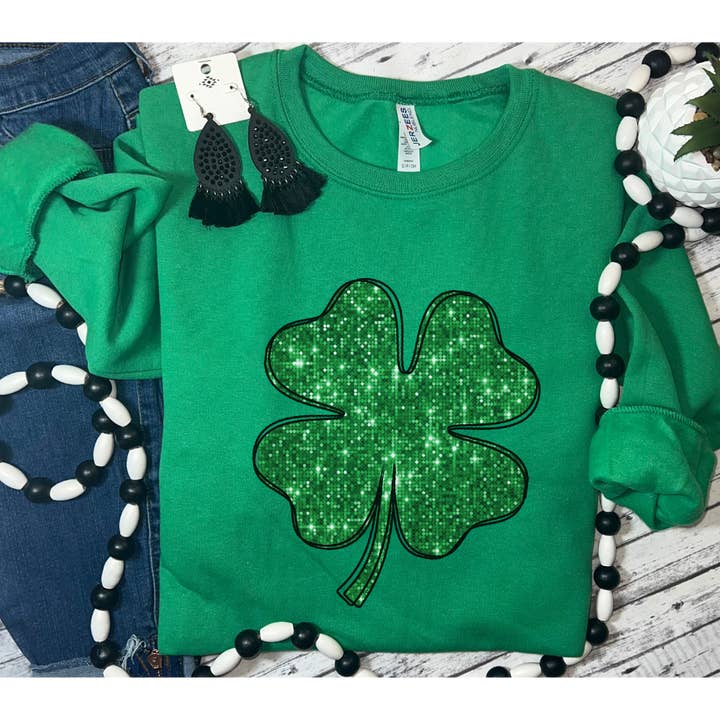 Faux Glitter Clover Sweatshirt for wholesale by Duck Creations Wholesale