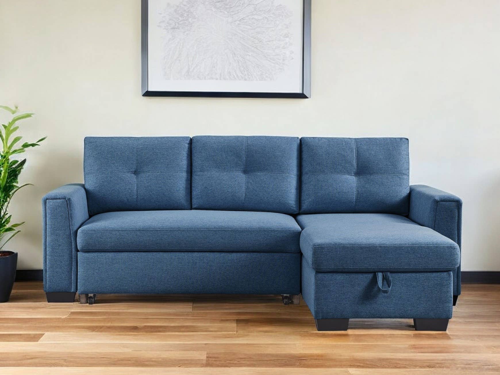 HomeRoots - Wholesale Sofa - 92" Blue Polyester Blend Convertible Futon Sleeper Sofa0