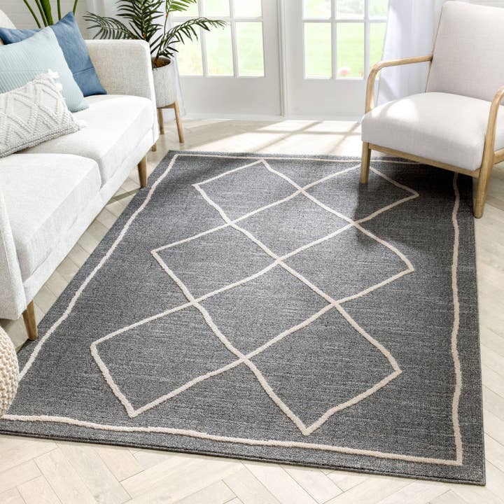 Well Woven - Vente Tapis - Tapis marocain à poils bouclés Cora en treillis gris
