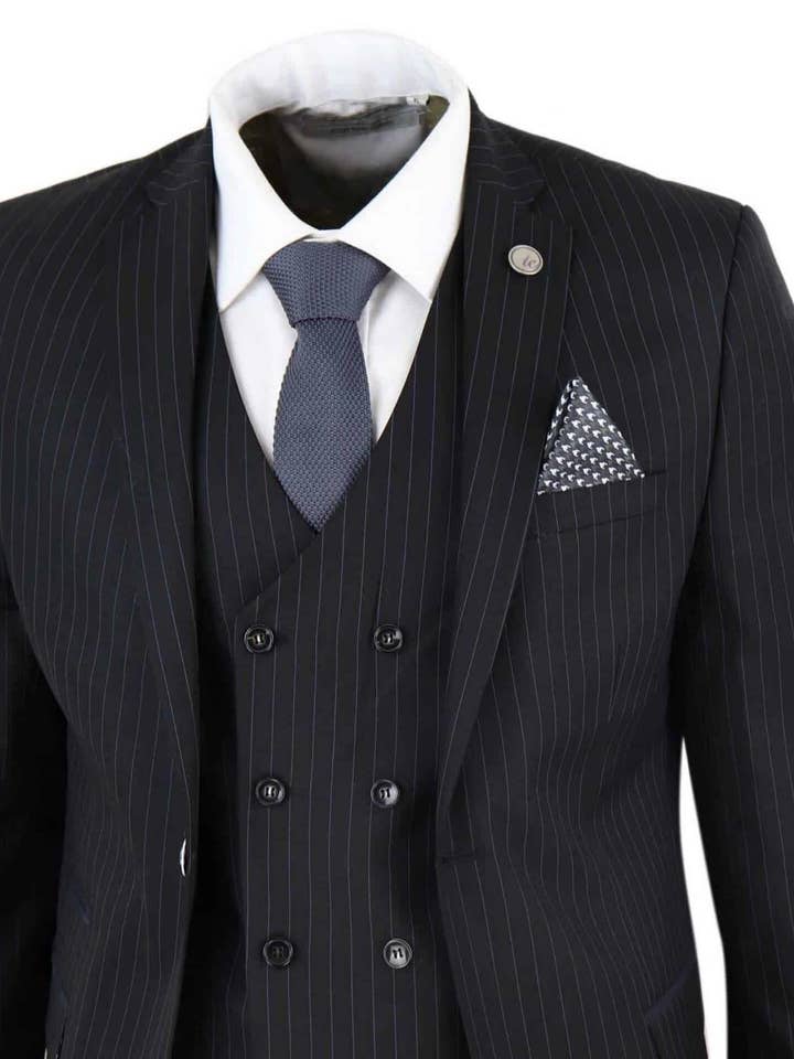 Men's 3 Piece Black Pinstripe Retro Suit for wholesale on Faire