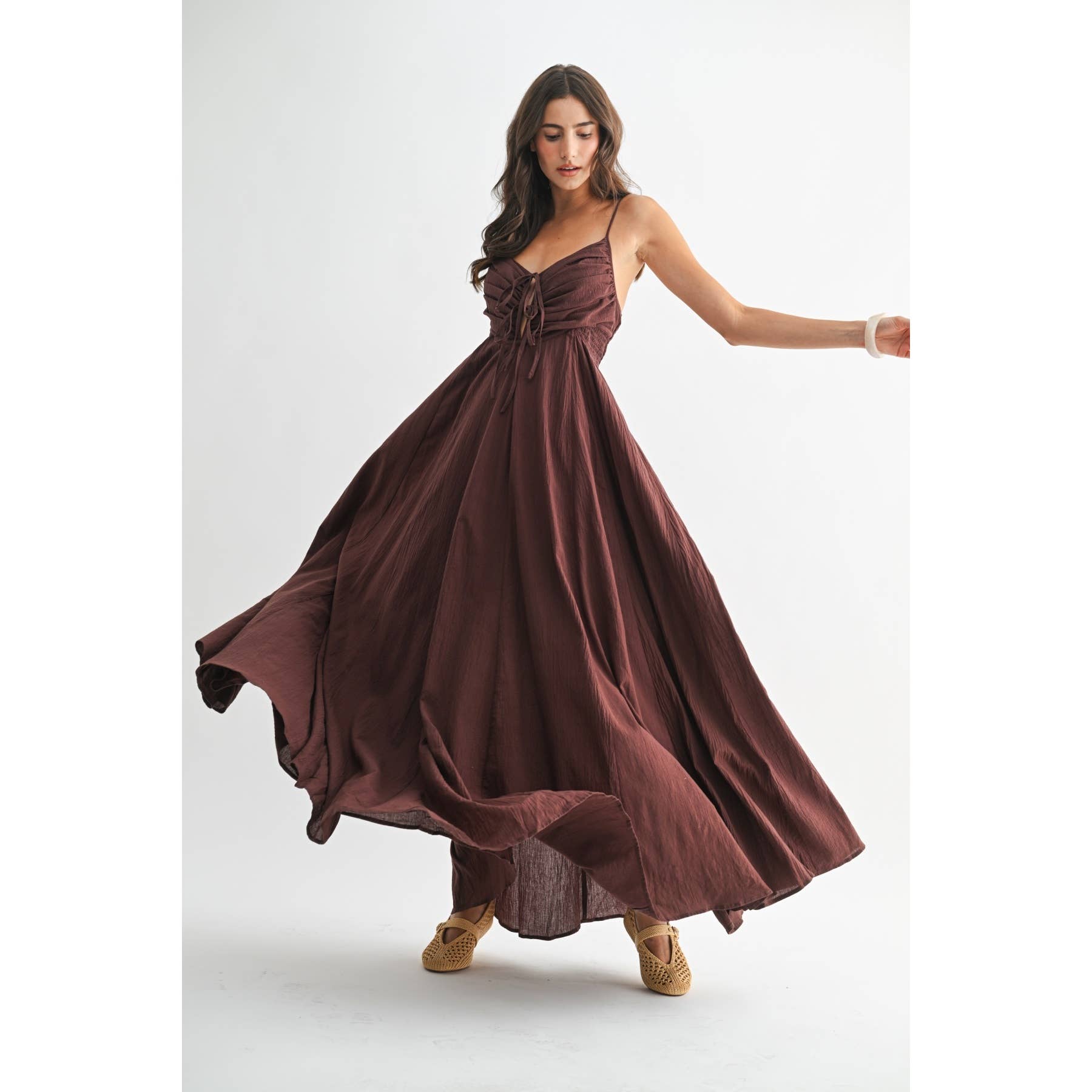 BROWN MAXI DRESS WITH RUCHED BODICE AND ADJUSTABLE STRAP for wholesale on Faire4