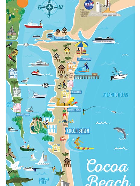 Cocoa Beach, FL Illustrated Map for wholesale by LOST DOG art & frame
