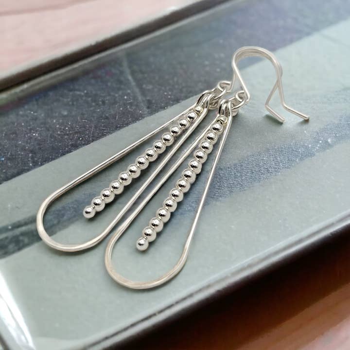 Bijou by SAM - Wholesale Dangle Earrings - Long Silver Teardrop Hoop Earrings with Silver Beads