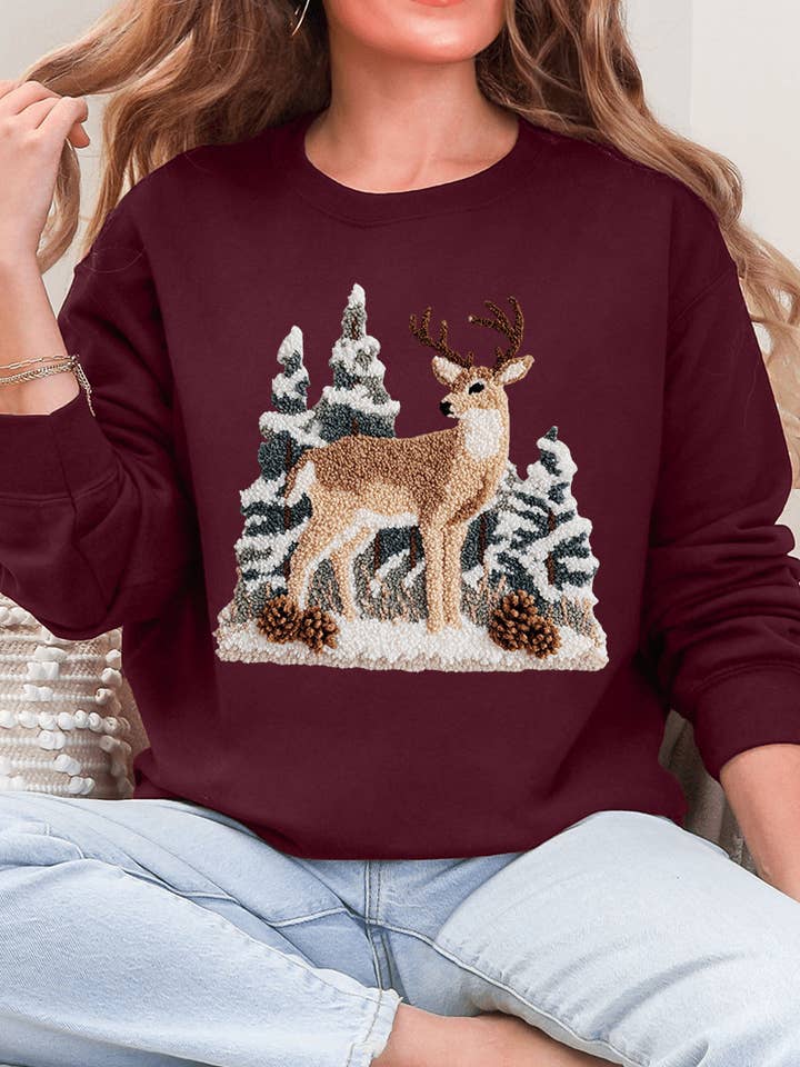 Faux Yarn Winter Deer Ecosmart Crewneck Sweatshirt for wholesale by Wholesale Accessory Market
