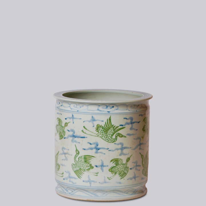 Cobalt Guild - Wholesale Vase - Cranes and Clouds Green and Blue Porcelain Cachepot