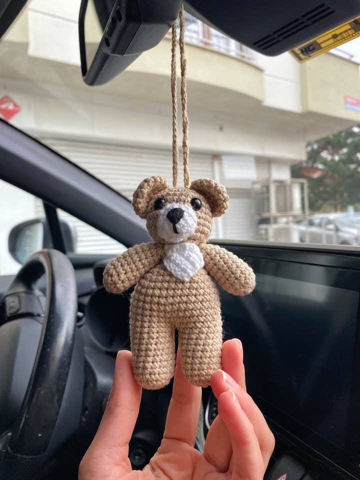 Handmade Crochet Teddy Bear Amigurumi Car Mirror Charm for wholesale by Honey Art and Nature