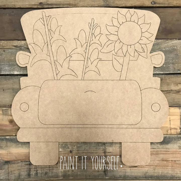 Dipingi e sorseggia: arte in legno fai-da-te, camion con girasoli e mais per la vendita all'ingrosso da parte di Honey And Sugar Designs