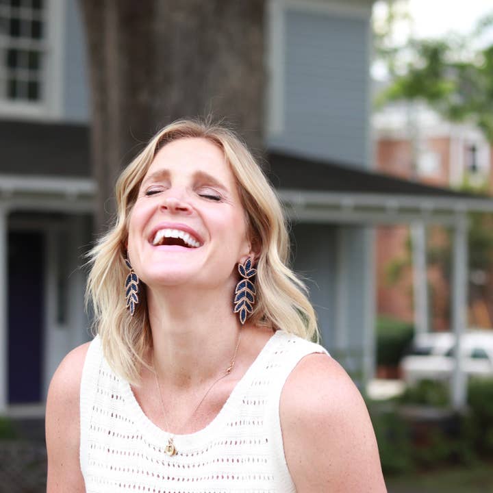 Pierce + Hide - Wholesale Dangle Earrings - Custom Navy Beaded Fleur De Lis Earring| Leaf Drop1