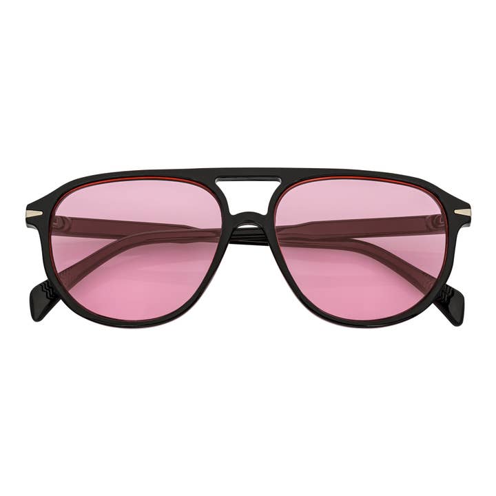 EPOCH - Lunettes de soleil aviateur classiques en plastique noir à monture plate avec verres roses pour la vente par Morspecs
