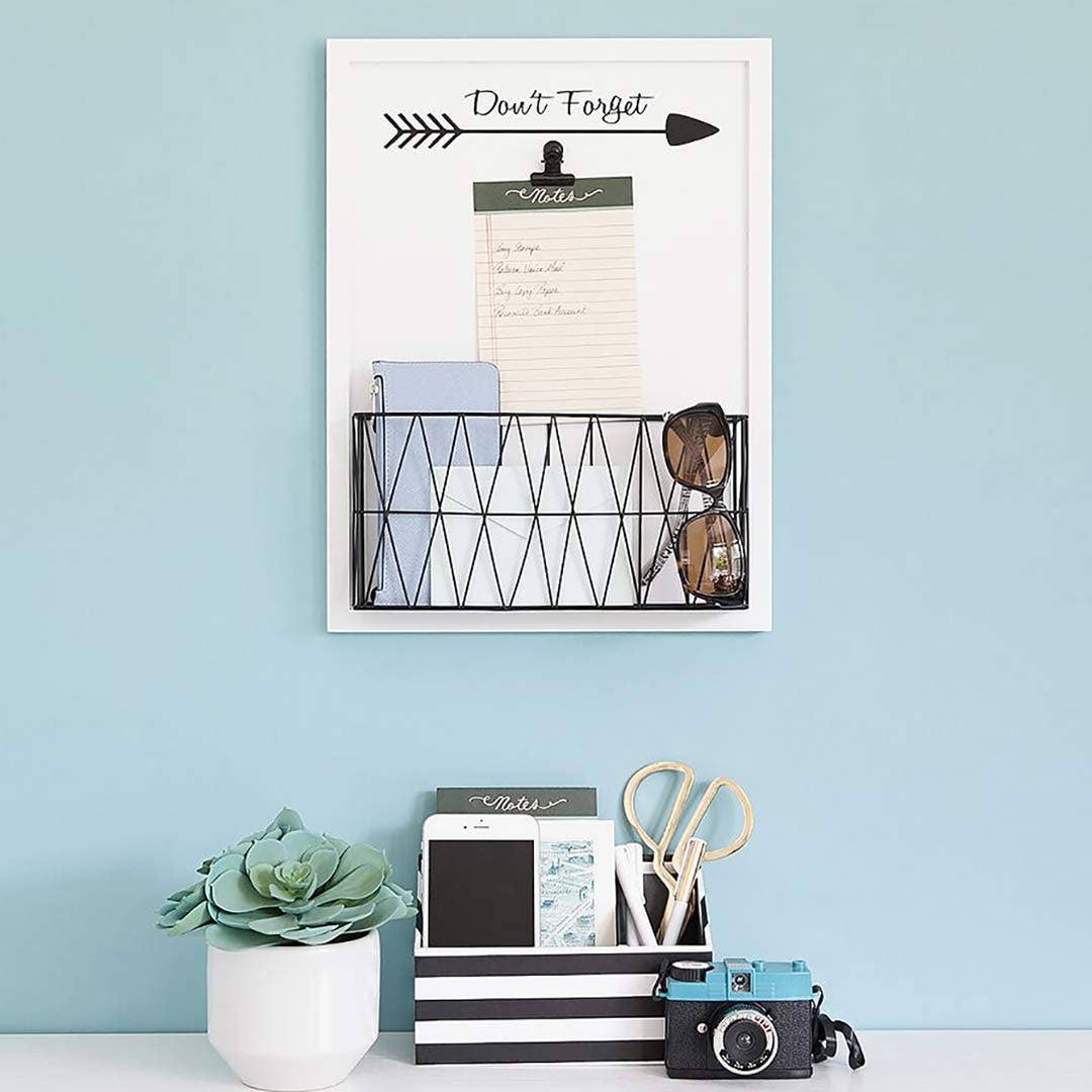 Blu Monaco - Wholesale Wall Mounted Shelf - Wall Mount Mail Organizer with Note Clip - White Wood with Black Metal Basket1