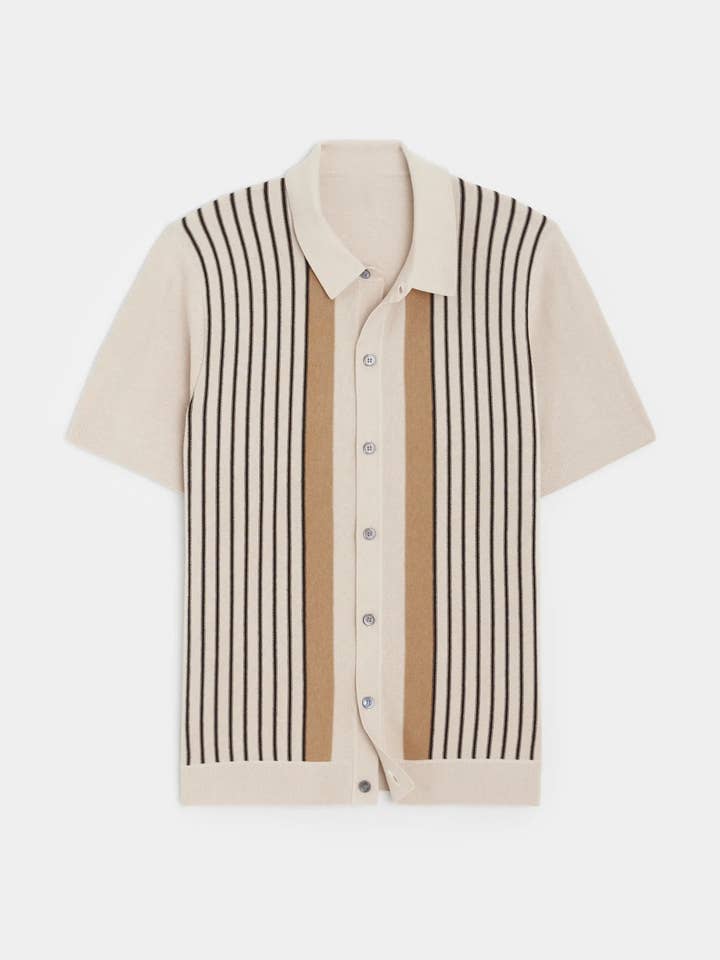 Beige Striped Short Sleeved Polos Sweater Knit Top for wholesale on Faire
