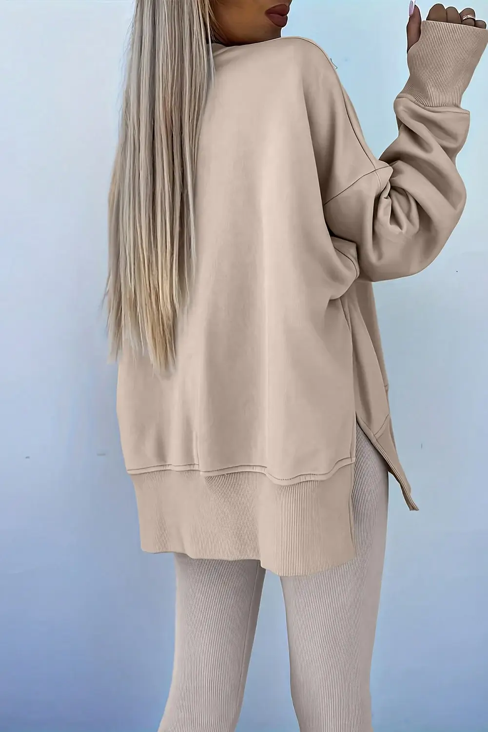 FULL TIME PURCHASE - Wholesale Lounge Set - Women's - Solid Color Oversize Slit Sweatshirt Ribbed Leggings 2pcsSet1