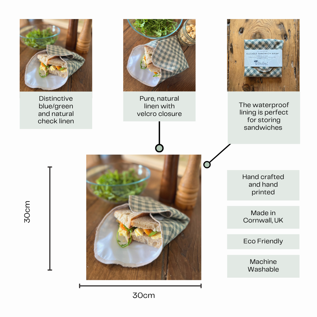 Helen Round - hand printed linen and bamboo wellness - Wholesale Food Storage Wrap/Bag - Green Check Linen Sandwich Wrap, Waterproof Food Wrap5